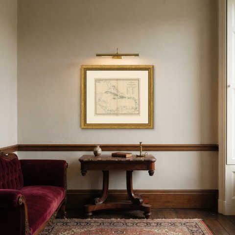 Antique Map of the Antilles or West India Islands with Island Areas, 1858, shown framed in a room