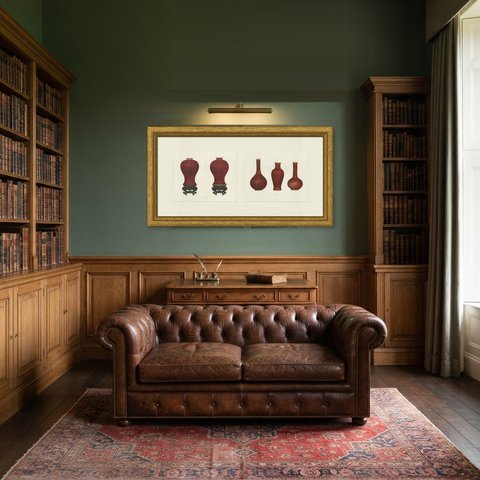 Copper Red Crackle Glazes, Two Ming Monochrome Color Plates, 1911, shown framed in a room