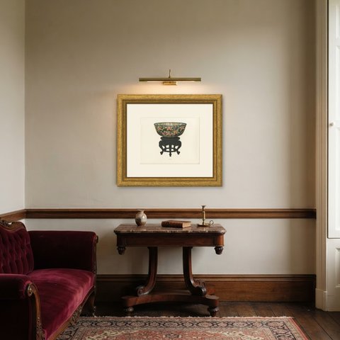 Ming Black Ground Bowl with Prunus and Peach, Antique Color Plate 1911, shown framed in a room