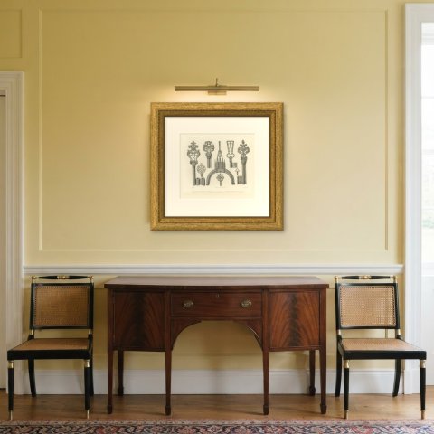 Medieval Keys and Purse Frame, Antique Chromolithograph, 1851, shown framed in a room