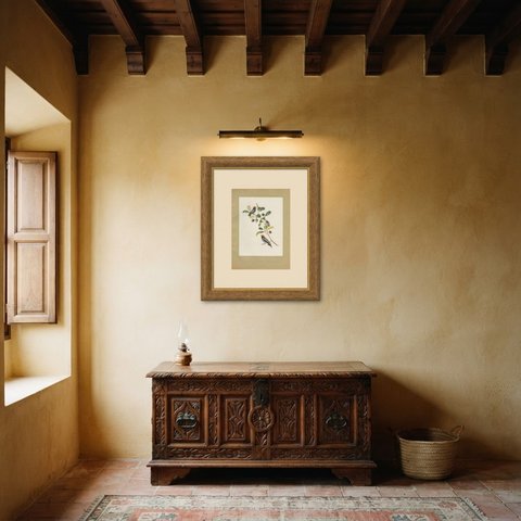 Manakins, Brazilian Bird Print, Descourtilz, 1944, shown framed in a room