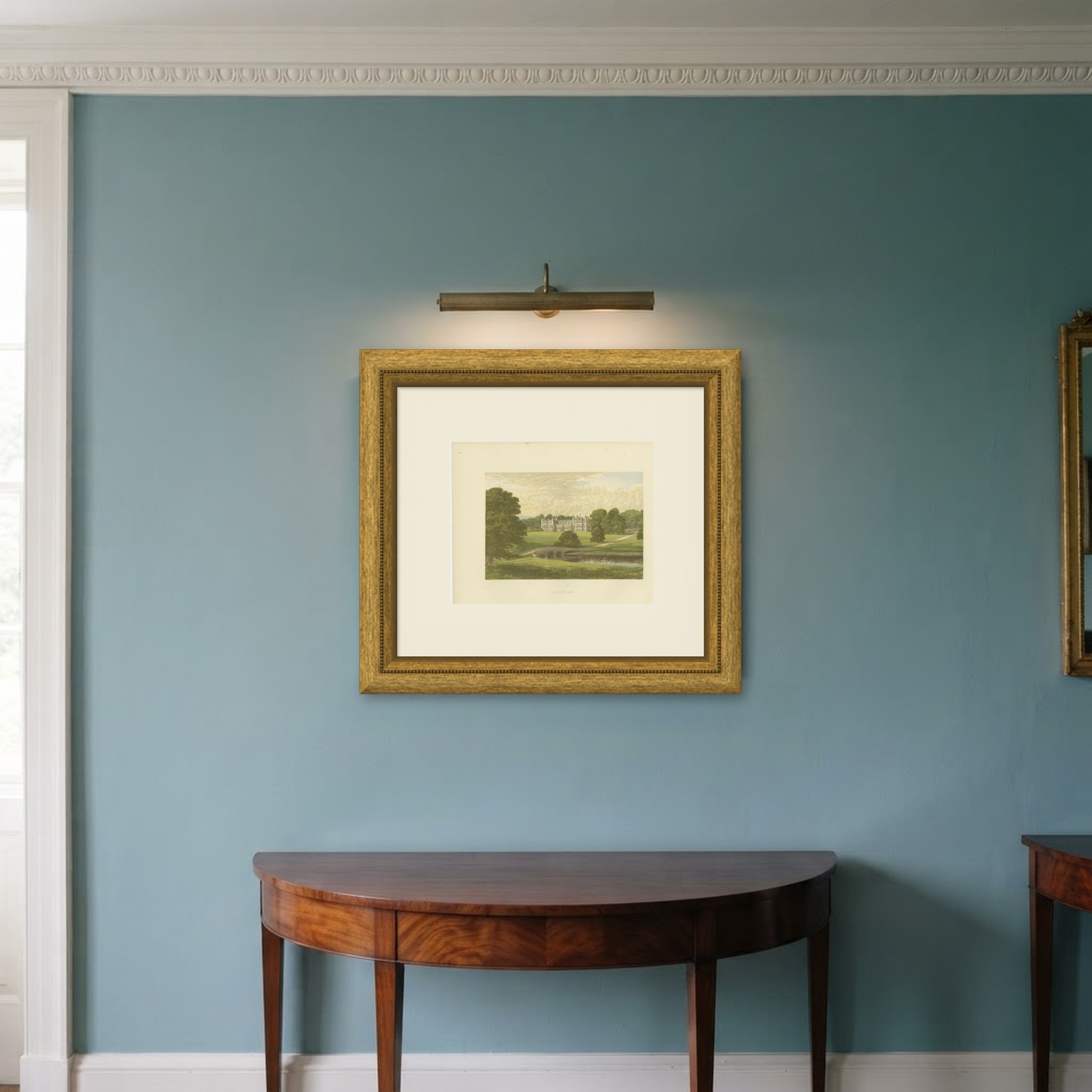 Audley End, Essex, Antique Morris Woodblock Print, circa 1870, shown framed in a room
