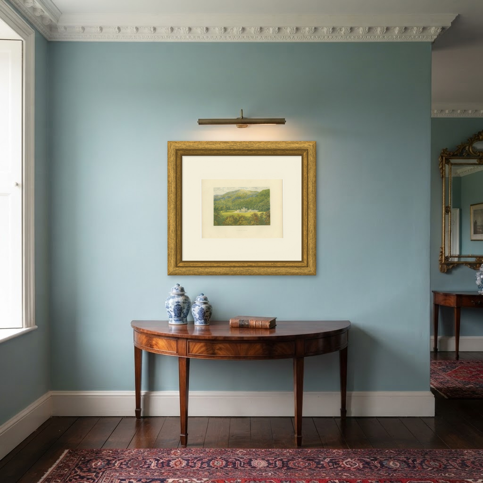 Taymouth Castle, Perthshire, Antique Morris Woodblock Print, circa 1870, shown framed in a room