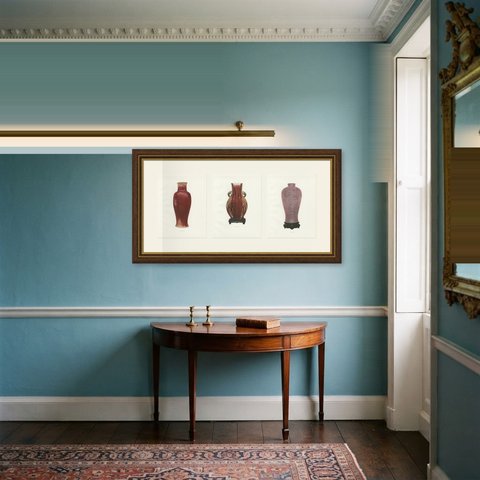 Sang de Boeuf, Flambe and Crushed Strawberry, Three Red Glaze Plates, 1911, shown framed in a room