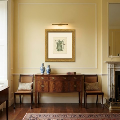 Decorative 19th Century Hand-Colored Fern Print, Asplenium caudatum, 1806-1809, shown framed in a room
