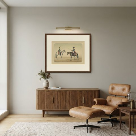 Two Spanish Cavalrymen in Crested Helmet and Bearskin Cap, Villegas, 1861, shown framed in a room
