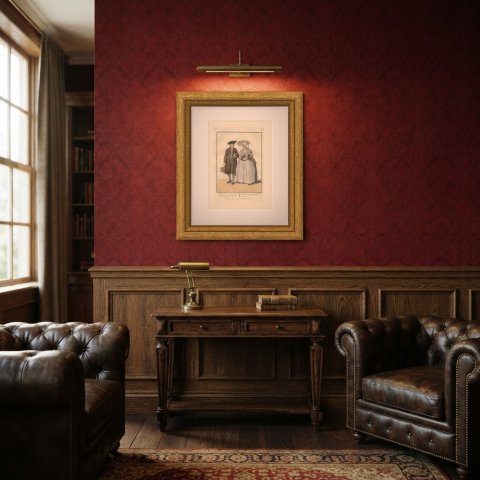 Frisian Couple after the Sermon, Dutch Costume Print, 1811, shown framed in a room