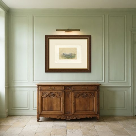 Charolais Cow, Antique French Cattle Print after Jadin, 1873, shown framed in a room