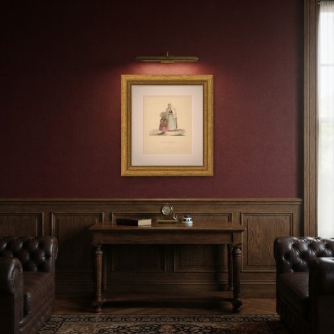 Woman and Little Girl with Green Pail, Antique Ackermann Costume Print, 1817, shown framed in a room