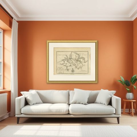 Antique Map of the Bay of Cordes and Surroundings by Hawkesworth, 1774, shown framed in a room