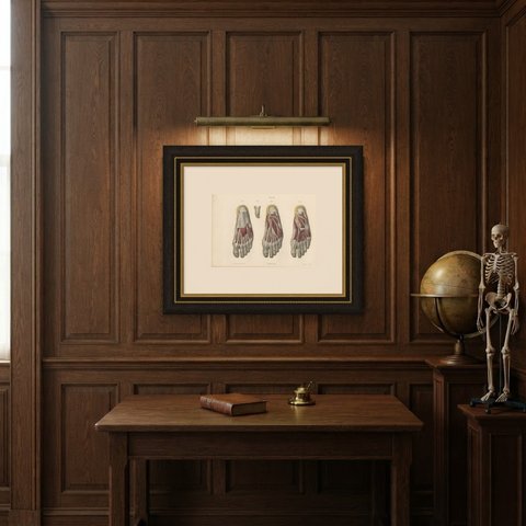 The Sole of the Foot in Four Layers, Antique Hirschfeld Anatomy Print, 1866, shown framed in a room