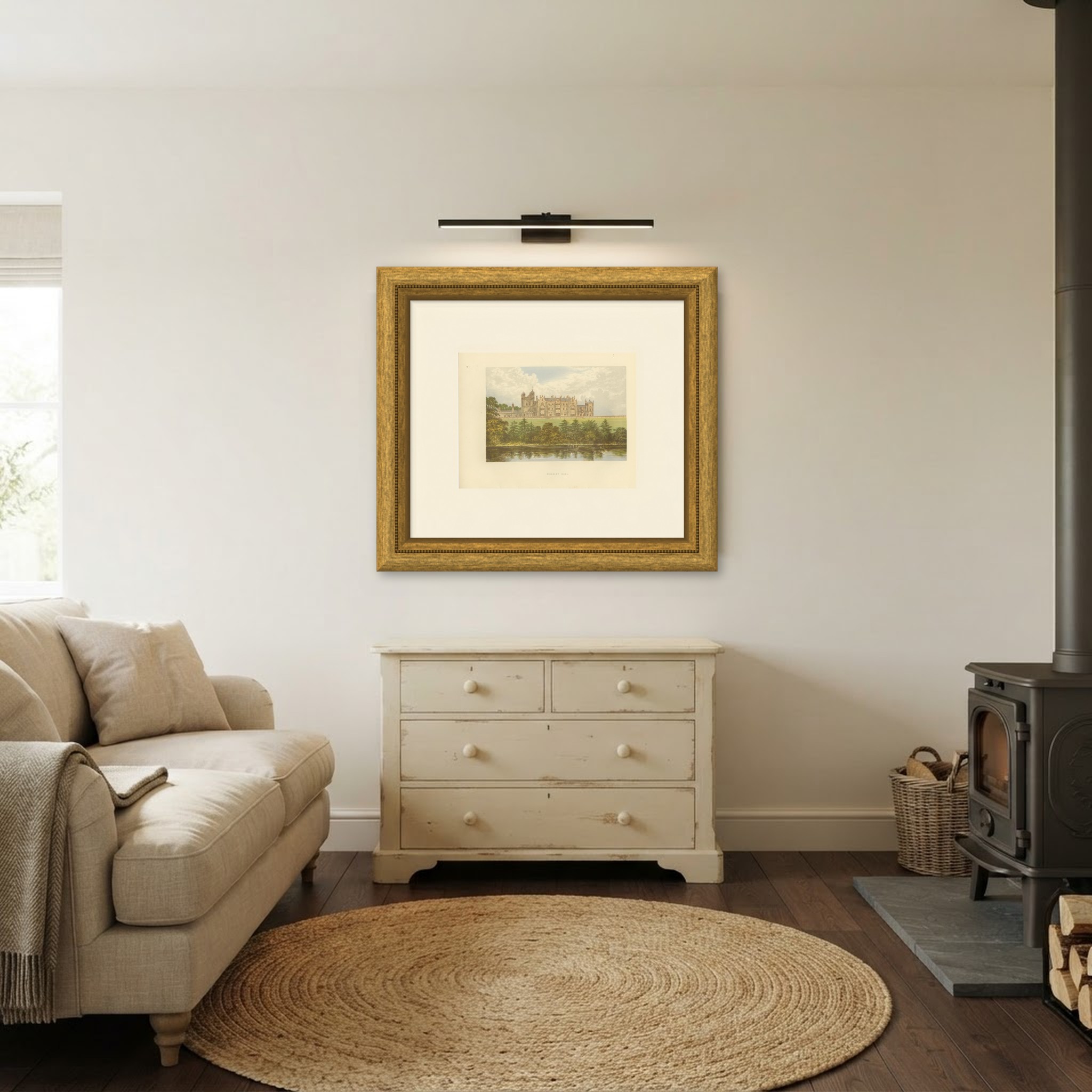 Worsley Hall, Lancashire, Antique Morris Woodblock Print, circa 1870, shown framed in a room