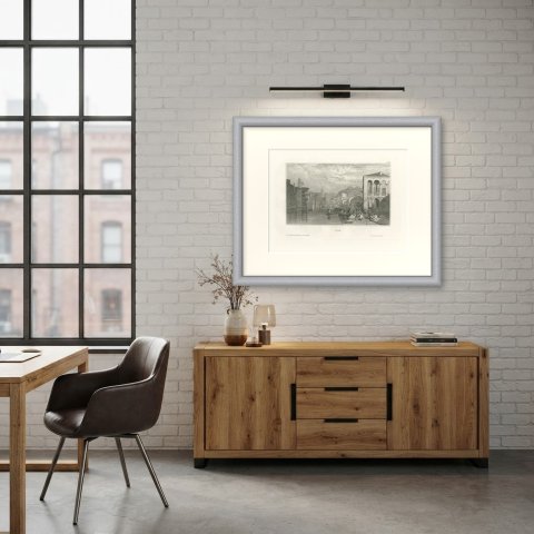 Antique View of Pisa with Boats on the River, Italian Engraving, circa 1850, shown framed in a room