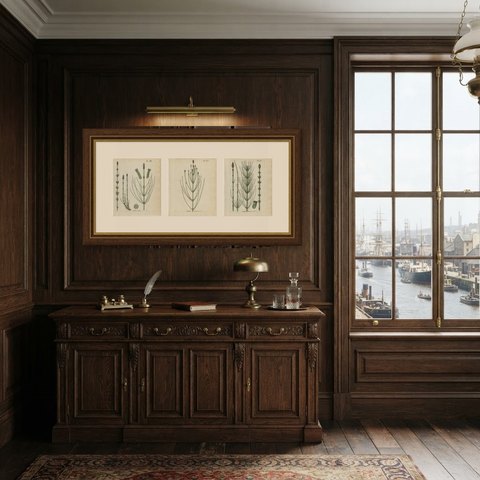 Set of 3 Antique Horsetail Prints, Equisetum palustre and limosum, 1806-1809, shown framed in a room