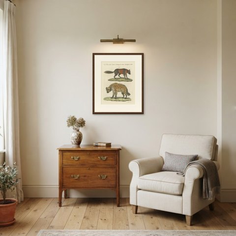 Cross Fox and Spotted Hyena, Antique Bertuch Print, Vienna, circa 1812, shown framed in a room