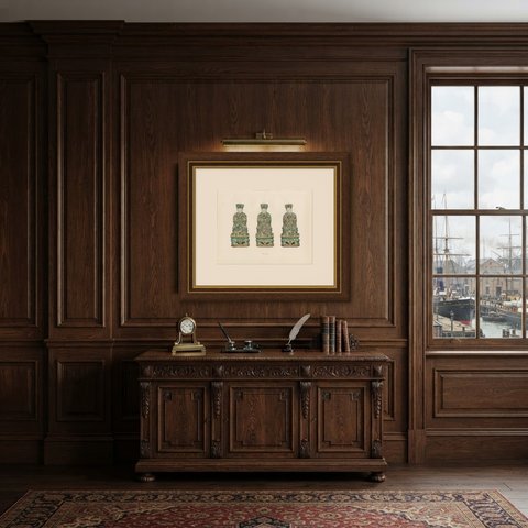 Taoist Trinity, Three Shang Ti Figures with Jade Tablets, Antique Plate 1911, shown framed in a room
