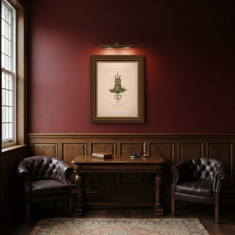 Flemish Votive Lamp, Fifteenth Century, Antique Print, 1851, shown framed in a room