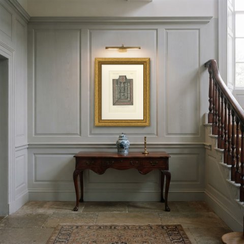 Fifteenth Century Lock, Vitel Collection, Antique Print, 1851, shown framed in a room