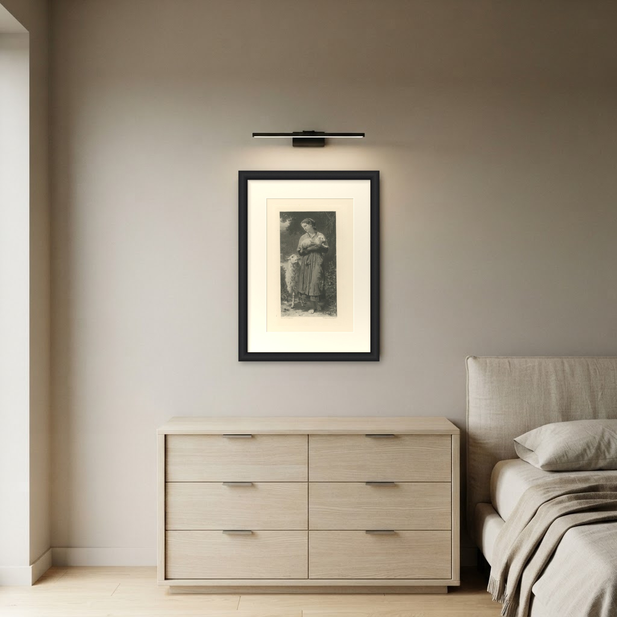 The Newborn Lamb after William Bouguereau, Antique Photogravure, circa 1880, shown framed in a room