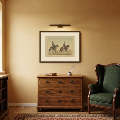 Spanish Cuirassier and Light Cavalryman, Villegas, Hand Colored Lithograph, 1861, shown framed in a room