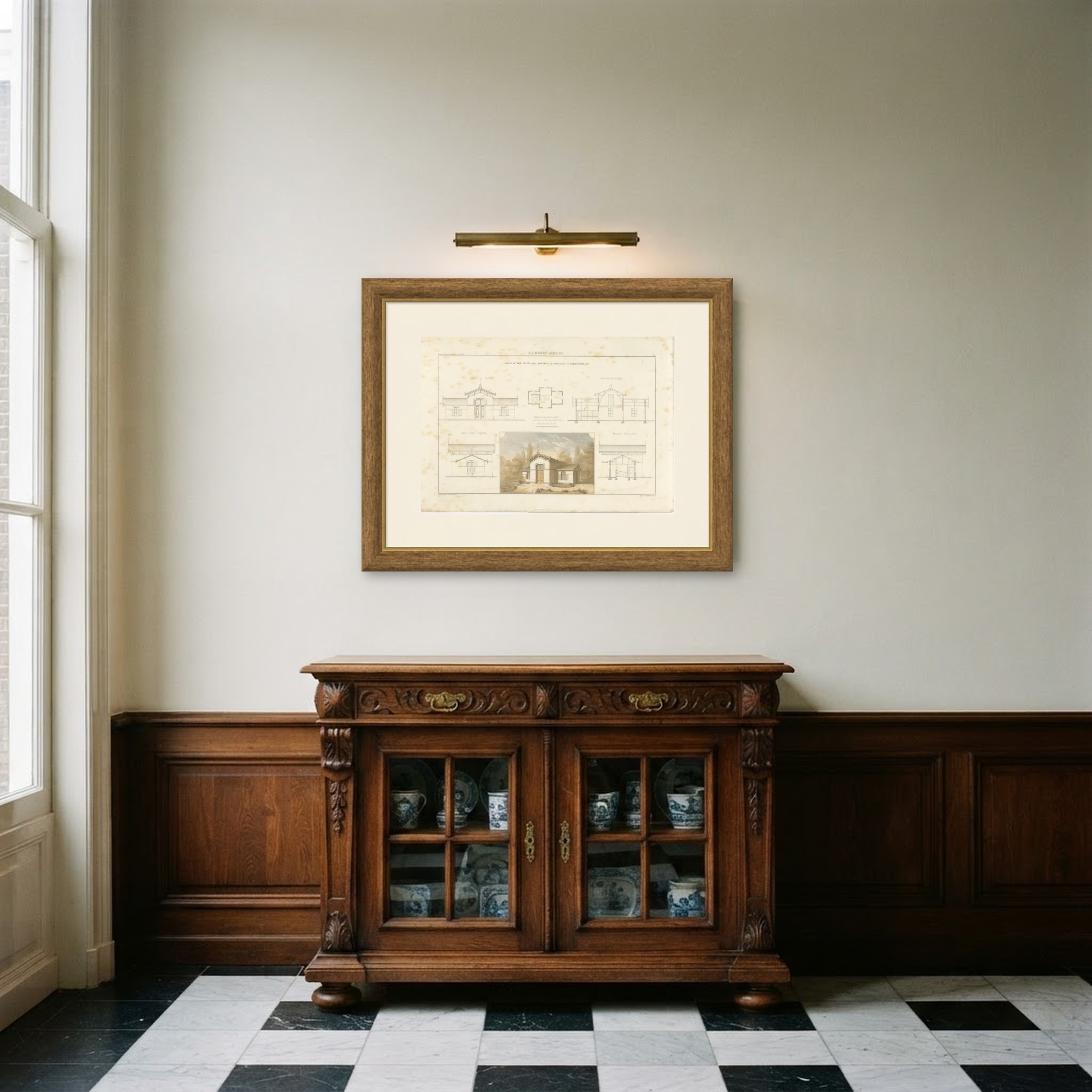 Coach House, Mijnsheerenland, Dutch Architecture Print, Leliman, 1865-1866, shown framed in a room