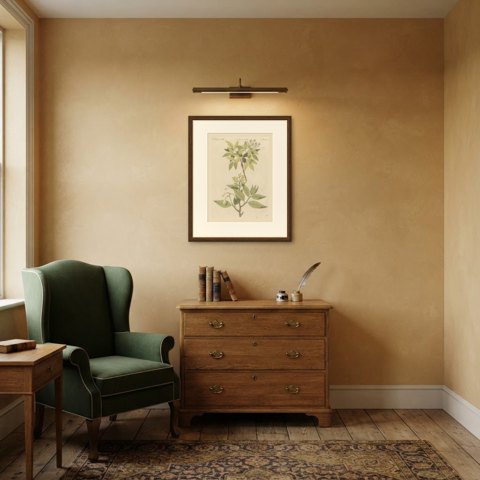 Two Flowering Tree Branches, Antique Bertuch Print, circa 1805, shown framed in a room
