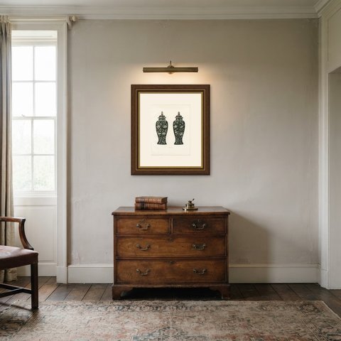 Pair of Hexagonal Famille Noire Vases and Covers with Prunus, 1911, shown framed in a room