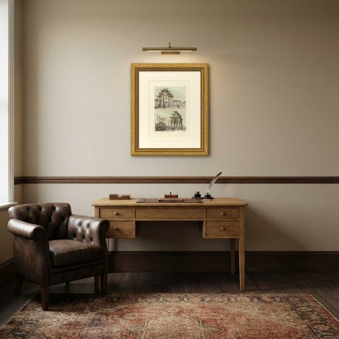 Decorative Antique Print of Two Chinese Honorific Gateways, Ferrario, 1815, shown framed in a room