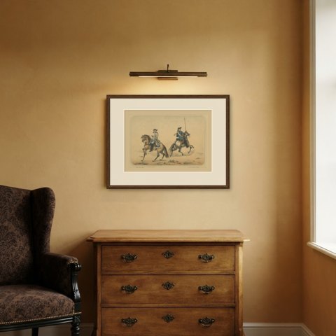 Spanish Cavalry, Two Horsemen in Cocked Hats, One with a Lance, Villegas, 1861, shown framed in a room