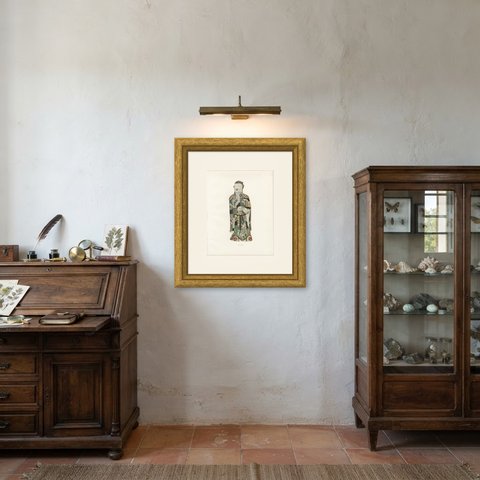 Shou Lao Holding a Peach, Ming Porcelain Figure, Antique Plate, 1911, shown framed in a room