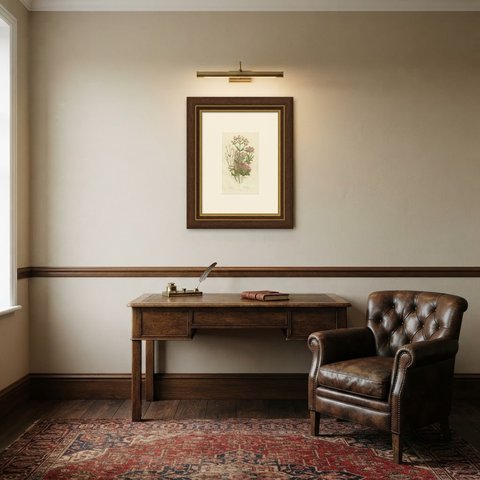 Centaury and Least Gentianella, Antique Pink Wild Flower Plate, circa 1873, shown framed in a room