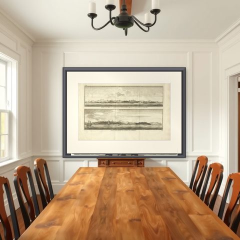 Antique Print of Zihuatanejo and the Harbor of Acapulco by Anson '1749', shown framed in a room