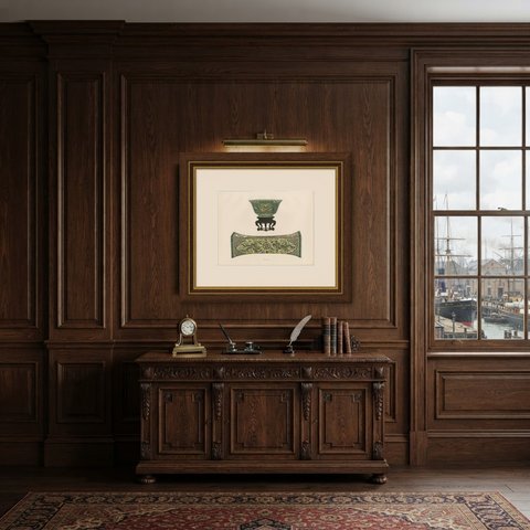 Porcelain Pillow and Green Enamel Bowl, Late Ming, Gorer Plate 1911, shown framed in a room