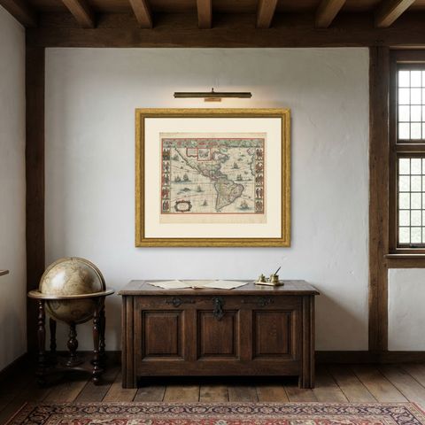 Antique Blaeu Map of America, Terra Australis Incognita, 1642, shown framed in a room