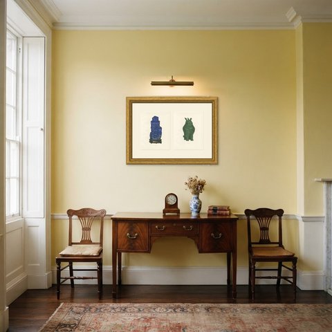 Lapis Lazuli and Green Aventurine, Two Chinese Hard Stone Plates, 1911, shown framed in a room
