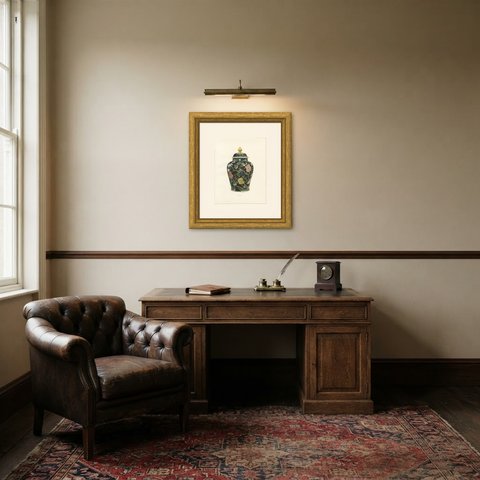 Very Large Famille Noire Jar and Cover with Two Pheasants, Color Plate 1911, shown framed in a room