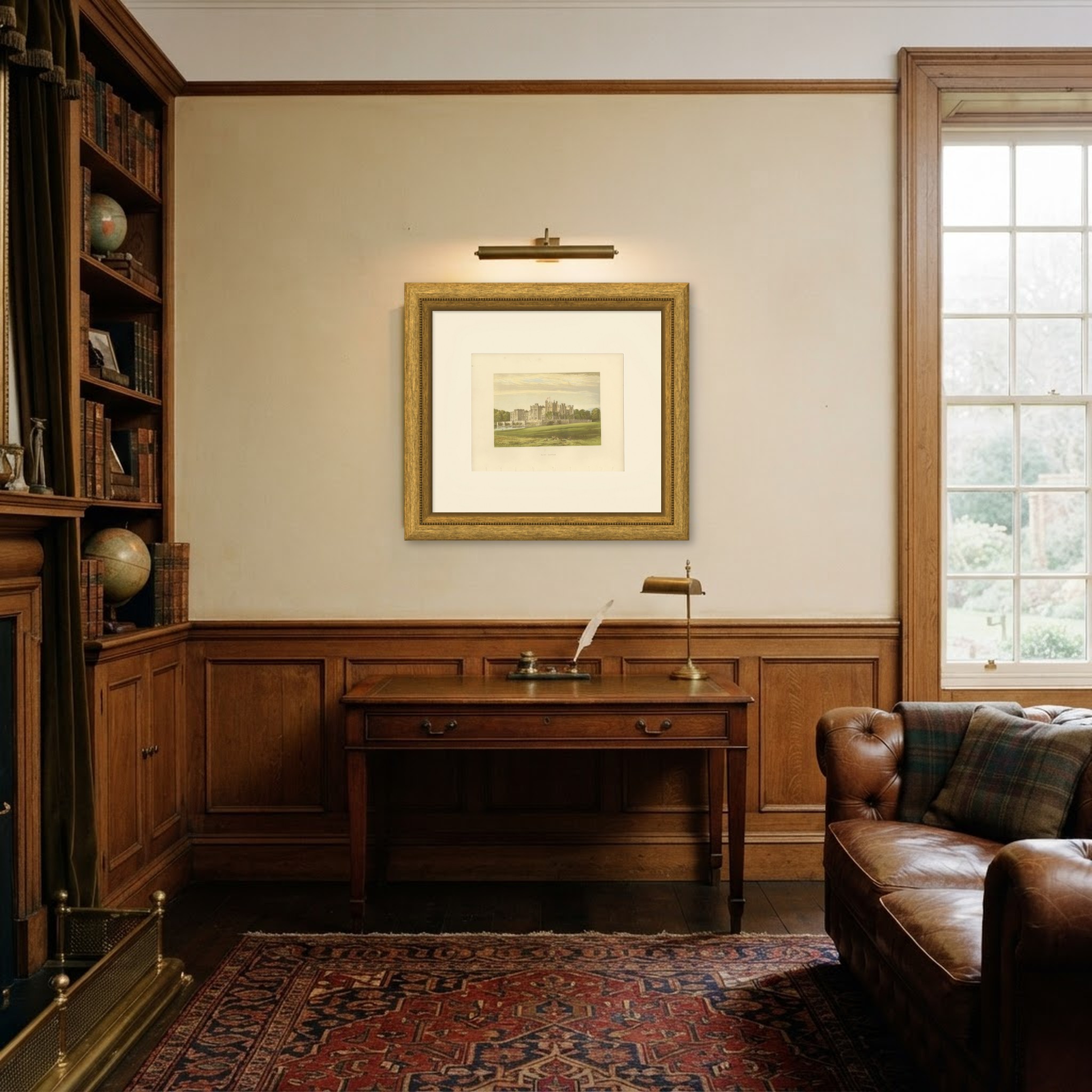 Raby Castle, County Durham, Antique Morris Woodblock Print, circa 1870, shown framed in a room