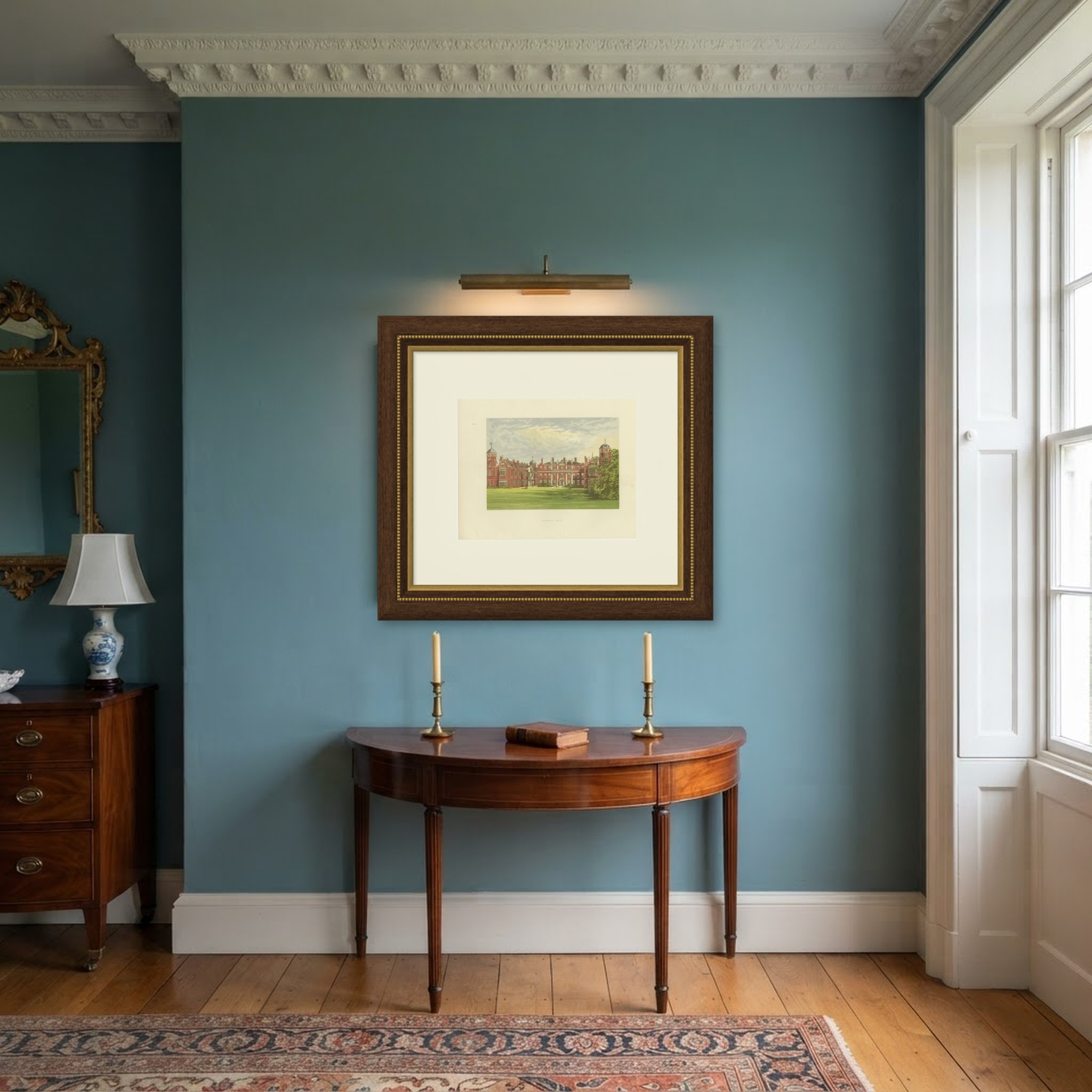 Cobham Hall, Kent, Antique Morris Woodblock Print, circa 1870, shown framed in a room
