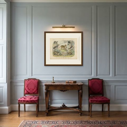 Antique Tiger and Puma Print with Wildcat and Martens, Kolb Mammals, circa 1890, shown framed in a room