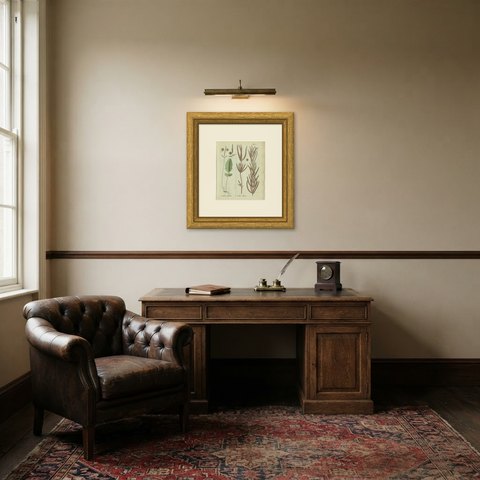 Elegant Antique Hand-Colored Fern Print, Acrostichum quercifolium, 1806-1809, shown framed in a room