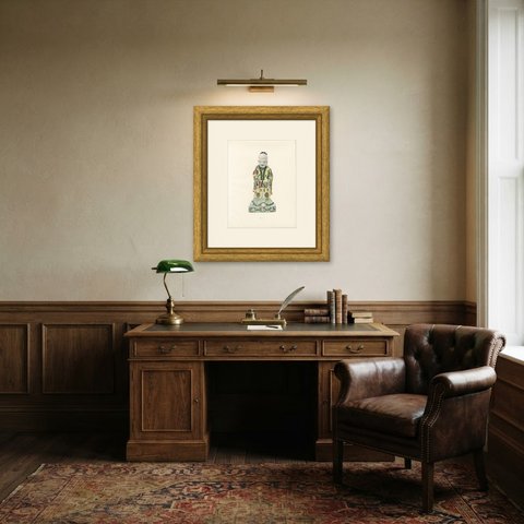 Ming Figure of Shou Lao with Peach and Ju-i Scepter, Color Plate, 1911, shown framed in a room