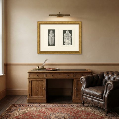 Rock Crystal on Black, Pu-tai and a Dragon Vase, Two Plates, 1911, shown framed in a room
