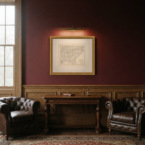 Antique Map of the South Eastern United States with Cape Hatteras, circa 1860, shown framed in a room
