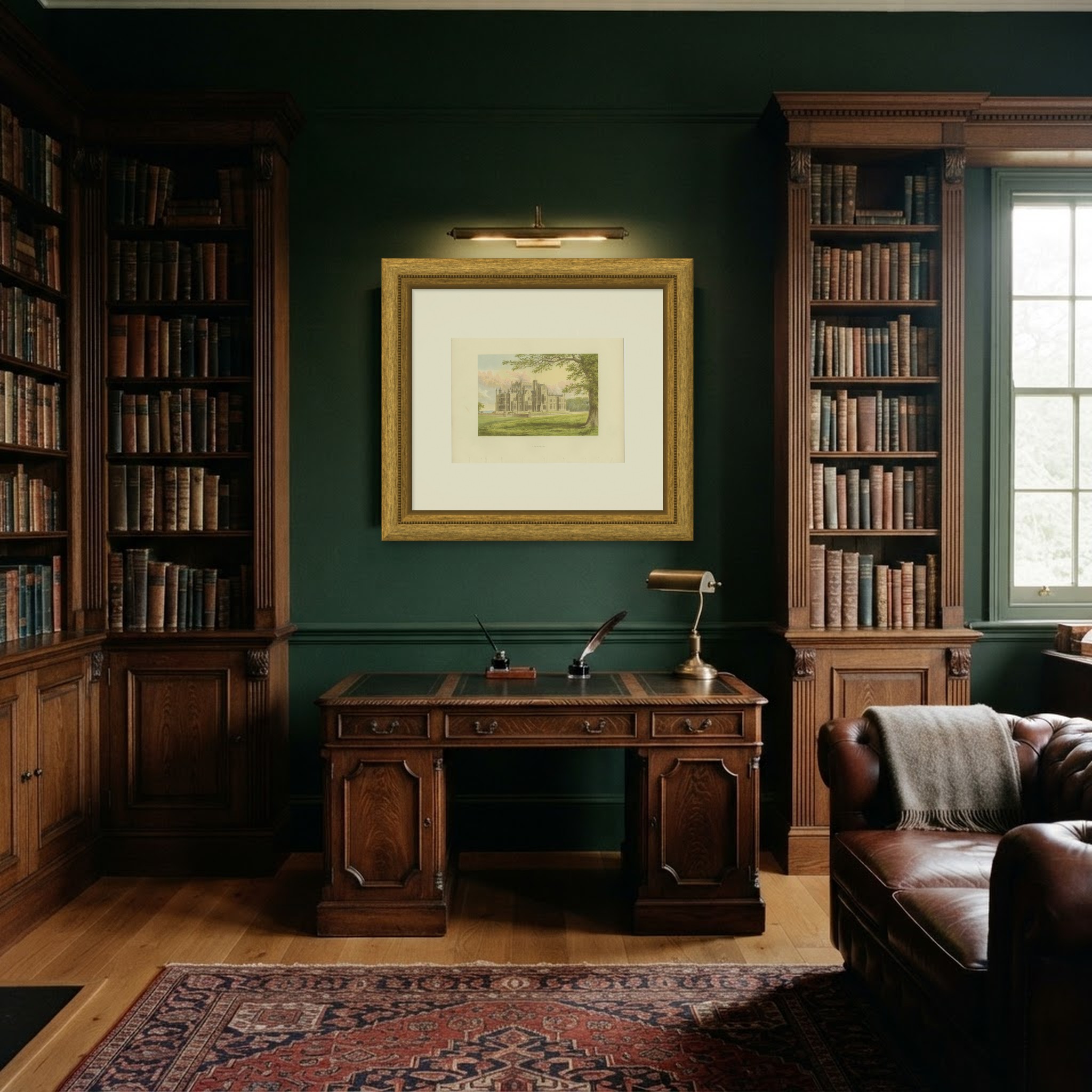 Stourton, Wiltshire, Antique Morris Woodblock Print, circa 1870, shown framed in a room