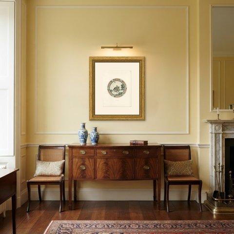 Lao Tzu on a Mule, Famille Verte Saucer Dish, Antique Plate 1911, shown framed in a room
