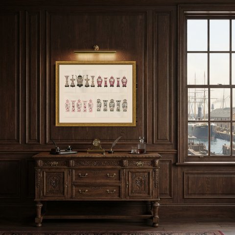 The Four Folding Garniture Plates, Famille Rose Sets of Five, 1911, shown framed in a room