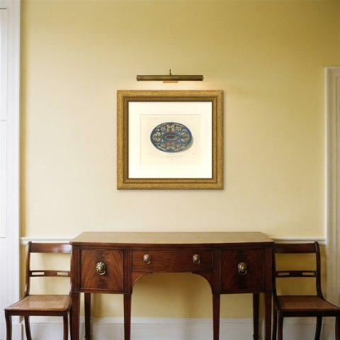 Palissy Faience Dish, Sauvageot Collection, Antique Print, 1851, shown framed in a room