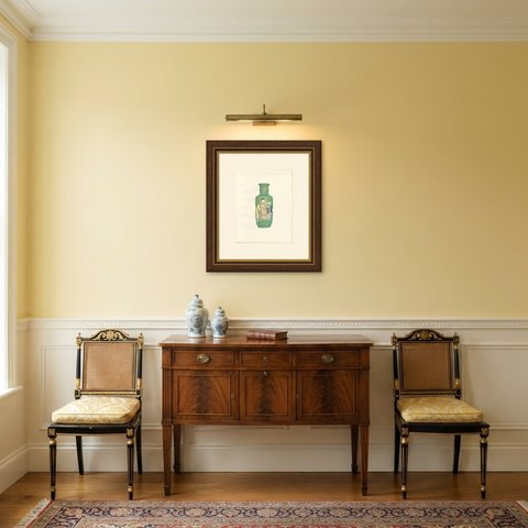 Antique Color Plate of a Cylindrical Vase with the Three Star Gods, 1911, shown framed in a room