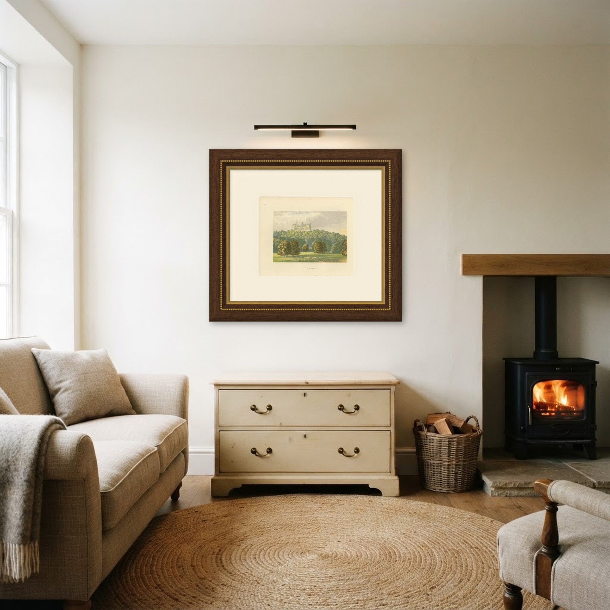 Belvoir Castle, Leicestershire, Antique Morris Woodblock Print, circa 1870, shown framed in a room