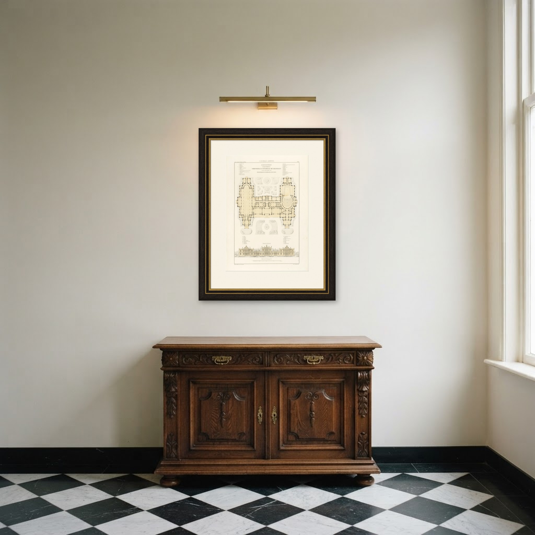 Theater and Concert Hall Design, Dutch Architecture Print, Leliman, 1865-1866, shown framed in a room
